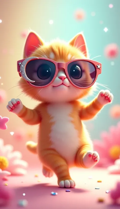 The model iscute cat dancing wearing glass sunglasses with stars and the moon on the glass