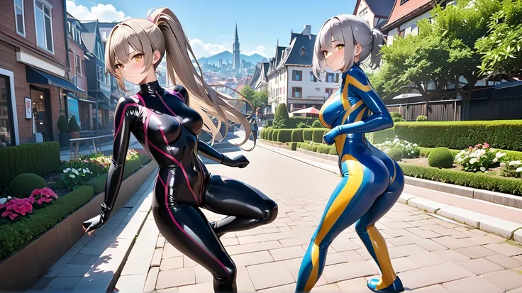 ( 2 girls fighting back),(最 high definition, 8k, masterpiece:1.3),  clear contours high definition(24 years old:1.5), ( gray hair ), (Up ponytail),, ((全身 rubber suit、 colorful、blue、Yellow line from crotch、no zipper 、 rubber suit、Gloss、 daytime、Around town、...