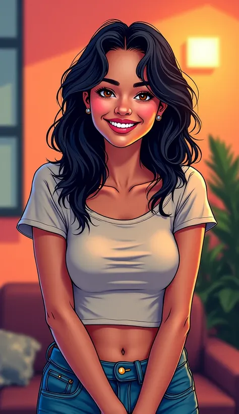 DISCREET image. with discreet casual clothes. image adult woman, american, comic book style. SHE IS HAPPY, with a discreet smile. IMAGES WITH VIBRANT COLORS.