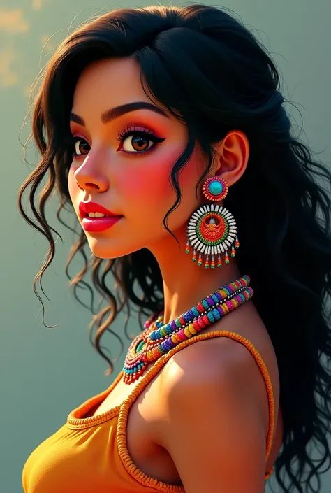 Pixar-like image of a Latin woman in profile , wearing large handmade earrings made of colorful and striking beads and some rings like tea made of handmade beads.