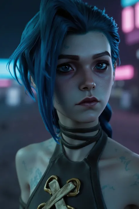 jinx,lol, blue hair, topless, watercolor，(light on face:1.8)1girl, with blue hair, cinematic sense, The gentle breeze blew her hair. neon hair, Located in a desert cyberpunk city. at night. The contrasting light source of warmth and coldness hits the girl'...