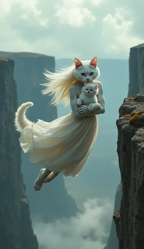 "An anthropomorphic white cat-woman, wearing a flowing dress, is seen mid-air as she leaps off the edge of a steep cliff while holding a small white kitten tightly in her arms. Her expression is a mix of determination and desperation. The wind rushes throu...