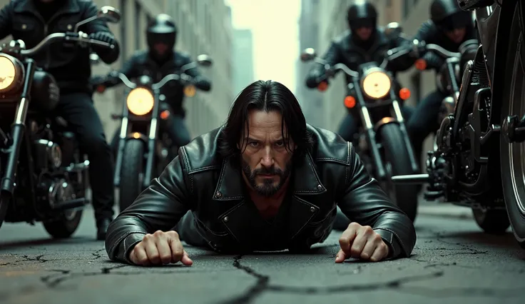 Keanu Reeves is laying on the street and fighting off several bikers.