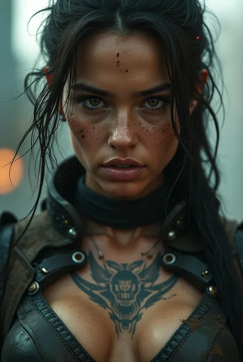 A fierce female cyberpunk warrior, intense gaze, battle-worn face with dirt and sweat, tactical gear with metallic elements, biomechanical tattoos on chest, cinematic lighting, hyperrealistic textures, futuristic dystopian background, dramatic close-up, 4K...