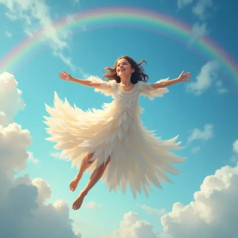 (  Girl flying in a white bird-like dress)、(Girl flying happily with open arms  )、  realistic  、 blue sky、 White Clouds 、rainbow、