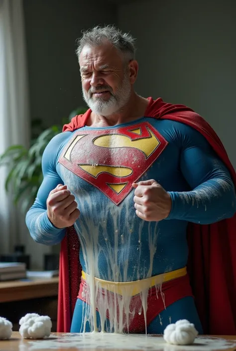  middle age, bodybuilder in superman costume with cotton, transparent urine resembling milk or yogurt is on him, hyper realism, captured by high performance camera from side, realistic natural lighting, natural textures, realistic detailed background in ha...