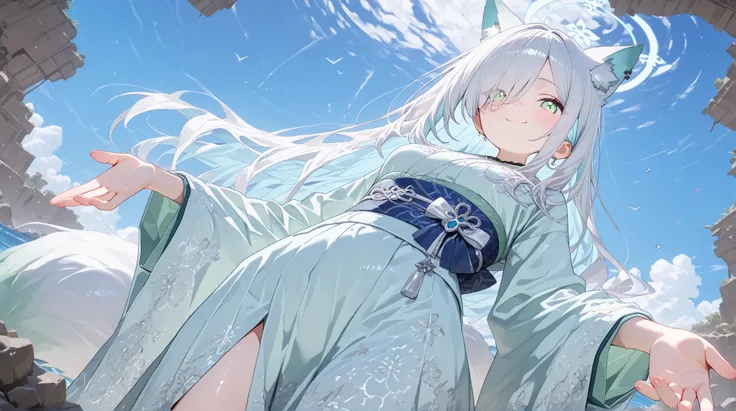  Gray Hair、long hair、hair over one eye、summer、sea、Ruins、Cumulonimbus、 slender、magenta accentcolor、  cute pose、smile、  Cool Personality、  boyish、July、  kimono、 Fox Ears、fox tail、 floating hair、 high school girl、、masterpiece、masterpiece、 pale blue-green eyes...