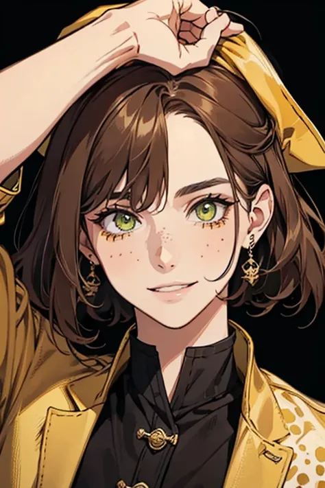  dark yellow-green eyes,  natural brown hair , eyes, adult, to smile, , PIRATE, spots on the face