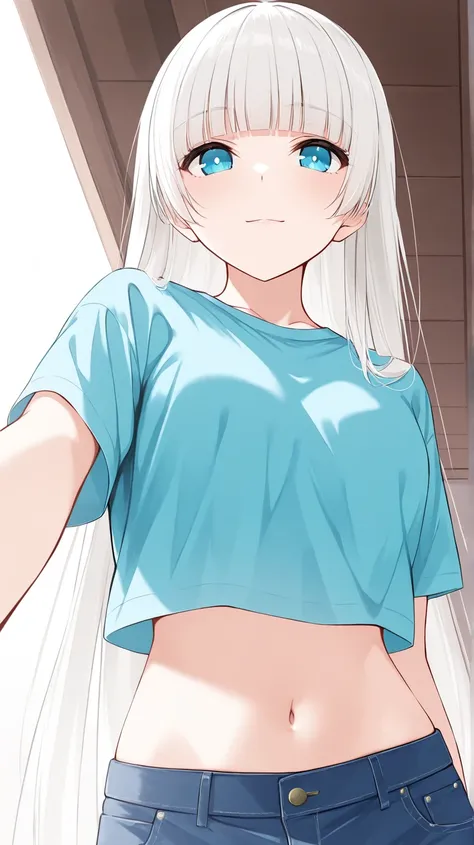 very long straight white hair with blunt bangs, blue pupils, hime cut, light smile, cropped blue t-shirt, exposed midriff, navel, blue jeans