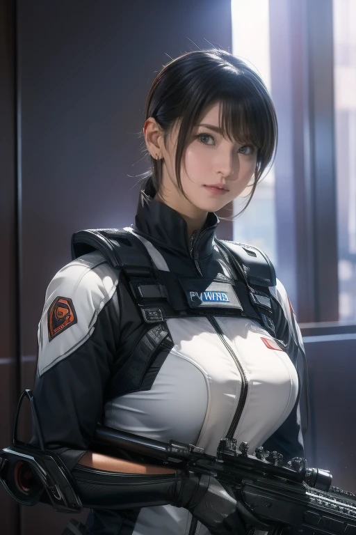  top quality、Amazing Details、 super high resolution、（ realism：1.4）、（（close：0.75））、One woman is very condensed、 beautiful delicate face、 Expiration Ratio、 Narrow Down the Target Group 、 big breasts）、 Hair、（White Technology Suit）、（Cyborg Vs...   Police Unifo...