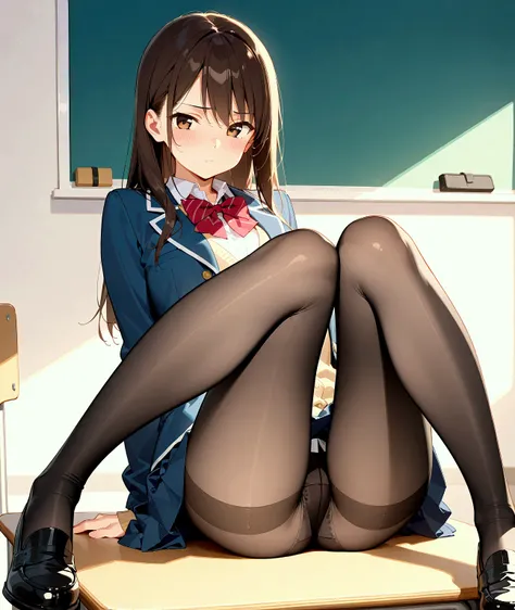 ( best quality,8k:1.5),Anime,(( Beautiful Legs)), high school girl,Chest, cute, black stockings , pantyhose, is sitting,slender