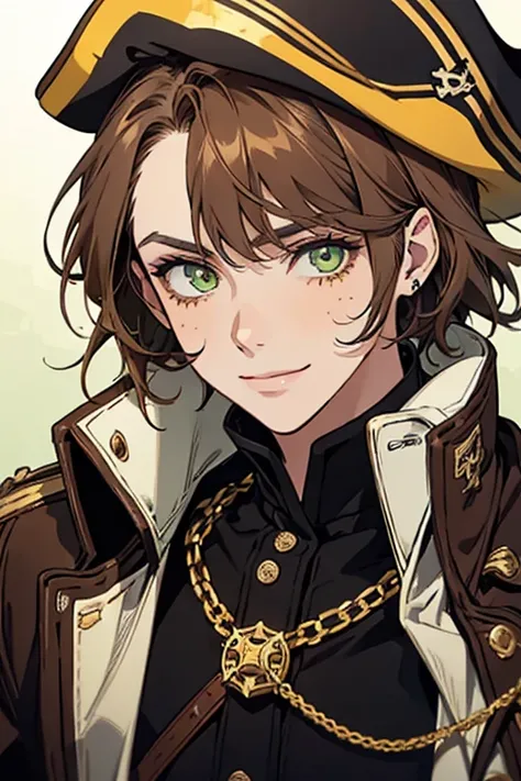  dark yellow-green eyes,  natural brown hair , eyes, adult, to smile, , PIRATE, spots on the face