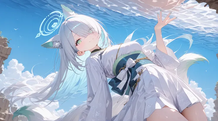  Gray Hair、long hair、hair over one eye、summer、sea、Ruins、Cumulonimbus、 slender、magenta ashcolor、  cute pose、smile、  Cool Personality、  boyish、July、  kimono、 Fox Ears、fox tail、 floating hair、 high school girl、、masterpiece、masterpiece、 pale blue-green eyes、((...