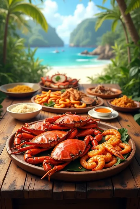 I want a delicious picture of boodle feast of only crabs , shrimp and grilled milkfish 