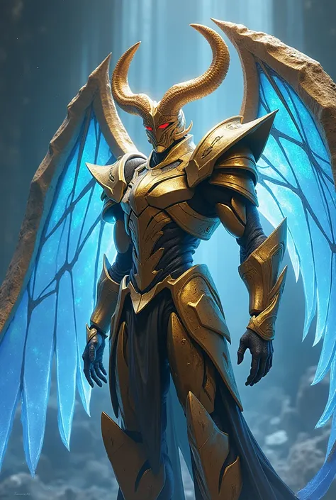 ( masterpiece: 1.2),  best quality,  High resolution,  unit of wallpaper 8k ,  extremely detailed, perfect  lighting,  official art , Armor, big_horns, Golden shiny armor completa, lightning blue transparent wings, high-level duel, warframe, Humanoide,  Ho...