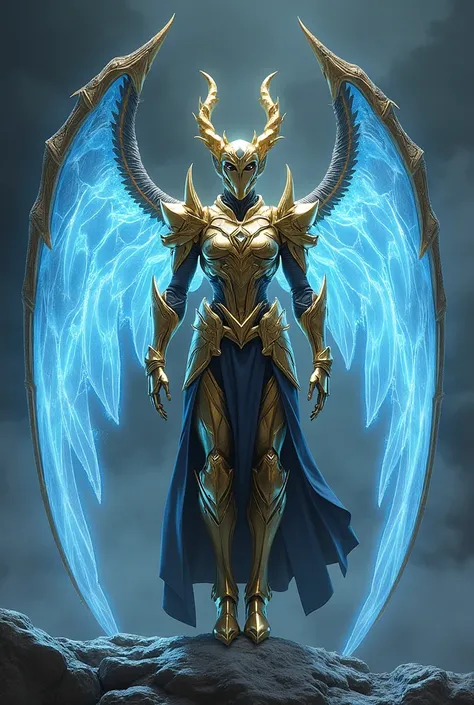 ( masterpiece: 1.2),  best quality,  High resolution,  unit of wallpaper 8k ,  extremely detailed, perfect  lighting,  official art , Armor, big_horns, Golden shiny armor completa, lightning blue transparent wings, high-level duel, warframe, Humanoide,  Ho...