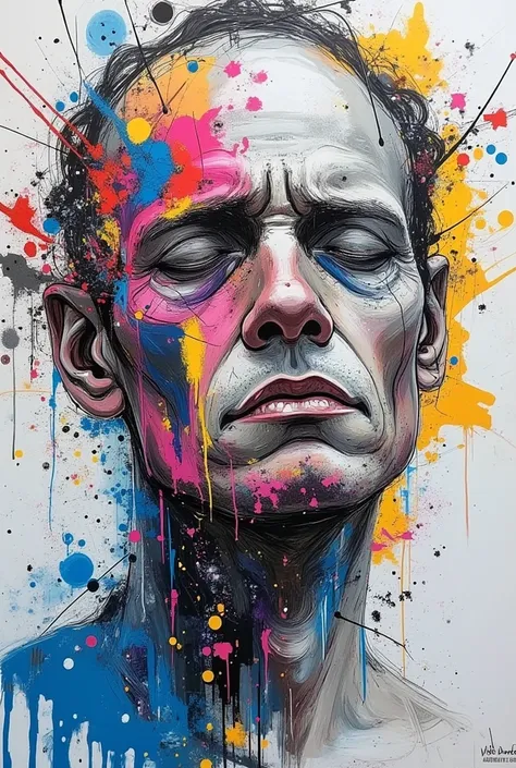 abstract portrait of a man experiencing grief and loss, hopelessness, expressive line and brushwork, expressive colors, just shades of grey, white, blue, red, pink purple, yellow, street art, face fading into strokes and scribbles and other abstract elemen...