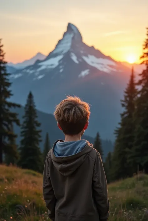 Imagine a young boy standing on a grassy hill, his back to the viewer. His hair is gently tousled by the wind, and he's wearing a simple jacket, looking off at a vast mountain range. The sun is setting, casting golden light over the peaks and painting the ...