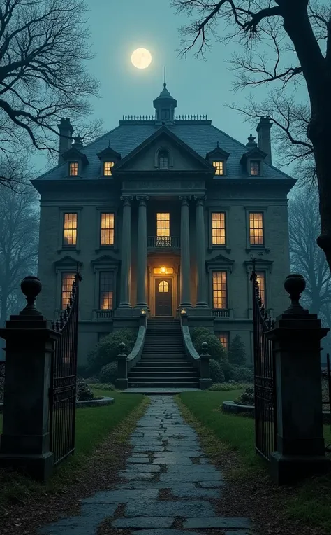 **Prompt:**  
"A huge mansion,  mansion rises in the dark of the night,  surrounded by a dense forest and surrounded by a light fog .  The architecture is grand ,  with an aged stone façade ,  large columns and tall windows ,  some illuminated by a faint, ...