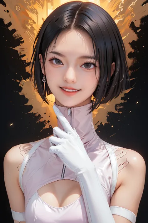  top quality、masterpiece、 ultra high definition cyberpunk background 、（Photo resolution ：1.4）Ultra high definition movie directly above 、Black hair bob cut girl face close-up upper body smile 1 person black eyes pink high neck leotard、 white opera gloves、 ...