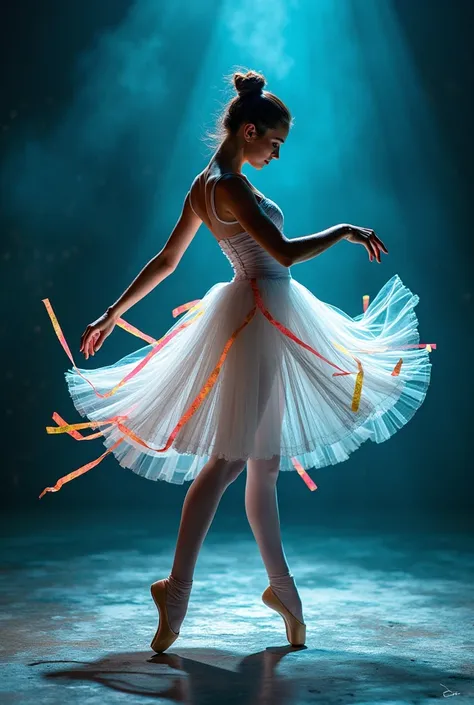 Ballerina with art tape, beautiful light in cold shades