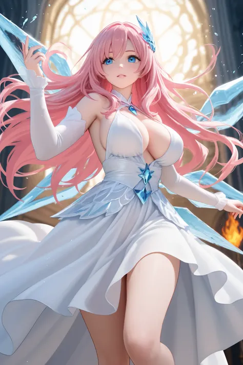 A girl with long pink hair and blue eyes,  with big breasts,  in a white dress , uses the magic of ice swords, and the flame is blue