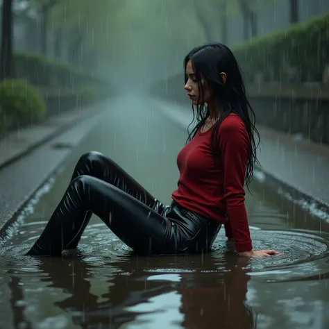 Woman relaxing into puddles, wet red sweater, wet leather pants, rain, soaked