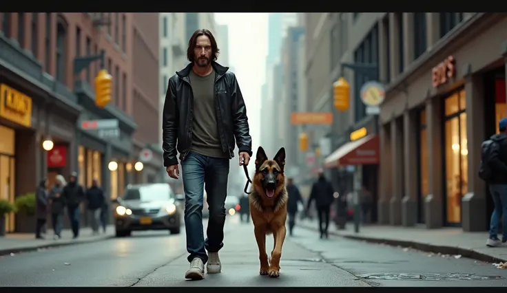 Keanu Reeves is walking down the street with his German Shepherd dog.