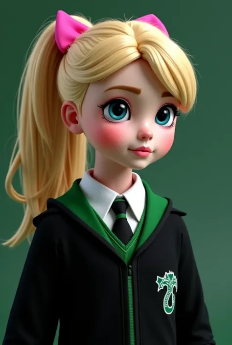 Create an AI image of a  white with eyes as blue as glass,  with a blonde ponytail with a pink bow wearing black clothes with green details like the one in the Slytherin from the Harry Potter movie, And next to her is a  blond boy with green eyes with clot...