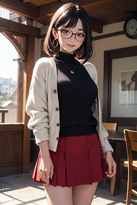 (( top quality)), ((傑 top quality、masterpiece、High sensitivity、 high resolution、 detailed depiction、 depicting a delicate face))Slender Woman、Glasses、 with a smile、 jumper skirt、 Heart Earrings 、Eco bag 、