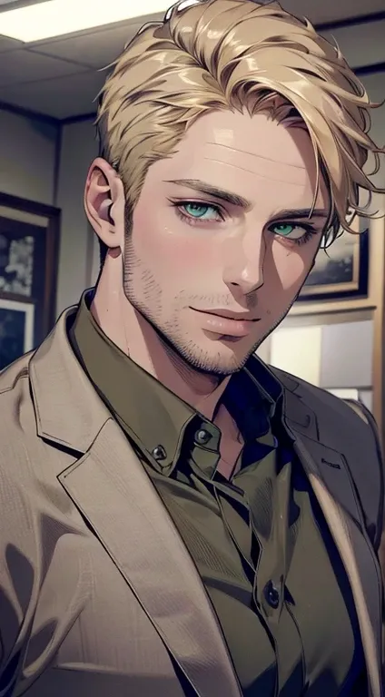 (  best quality,4K,8k,  highres,  masterpiece :1.2),  ultra-detailed ,(realistic,photorealistic,photo-realistic:1.37),1 man,34 years old,  Mature man, tongue ,inexpressive ,to smile, short blonde hair ,yellow-green eyes  ,  penetrating look ,perfect face w...