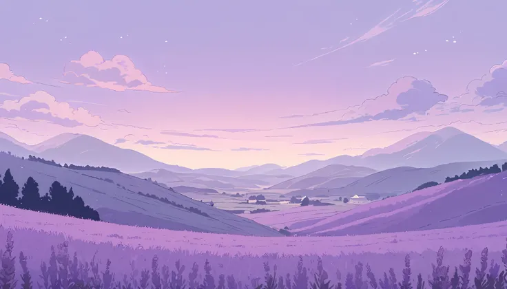 LAVENDER landscape , Pastel Purple Colors ,,Ghibli style ,cute ,Cozy , Landscape Wide Field Ultrawide Purple tone