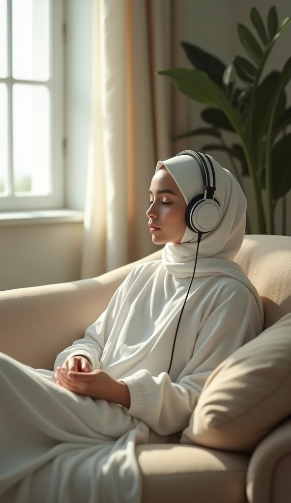 Beautiful girl in white hijab sitting on sofa listening to music wearing headset