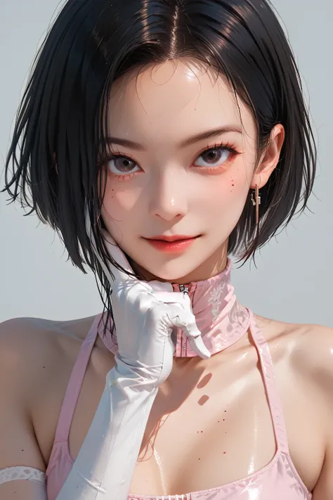  top quality、masterpiece、 ultra high definition cyberpunk background 、（Photo resolution ：1.4）Ultra high definition movie directly above 、Black hair bob cut girl face close-up upper body smile 1 person black eyes pink high neck leotard、 white opera gloves、 ...