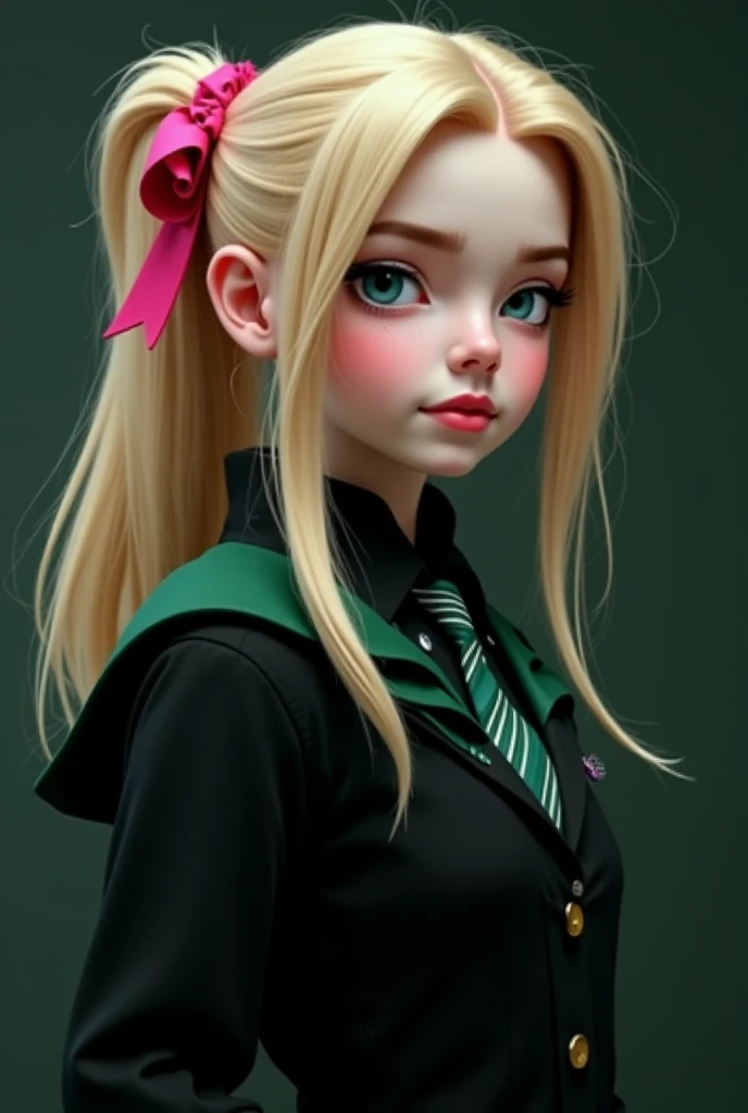 Create an AI image of a  white with eyes as blue as glass,  with a blonde ponytail with a pink bow wearing black clothes with green details like the one in the Slytherin from the Harry Potter movie, And next to her is a  boy like Draco Malfoy, also blond w...