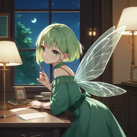  anime style、 cute、night sky, night, Inside the Mysterious Tower、marble、score_9, score_8_up , score_7_up , score_6_up , score_5_up , score_4_up , 1 fantastic fairy、fairy robe, green dress、bob cut、green hair, green eyes、 fairy wings