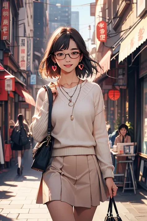 (( top quality)), ((傑 top quality、masterpiece、High sensitivity、 high resolution、 detailed depiction、 depicting a delicate face))Slender Woman、Glasses、 with a smile、 jumper skirt、 Heart Earrings 、Eco bag 、Walking around the city、