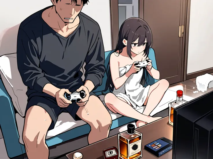 masterpiece, best quality,After bath,A young woman who only wrapped a bath towel, sits cross-legged, game controller ,Playing a video game against a man,liquor,Tobacco,Depressed, full color