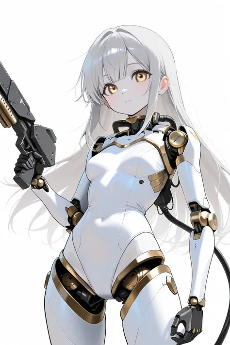 (highest quality, background detail), highest quality, original detailed dynamic art, (golden eyes), image from waist up, inorganic expression, inorganic gaze, detailed mechanical joints, reinforced exoskeleton, white leotard, white skin, gray hair, long h...