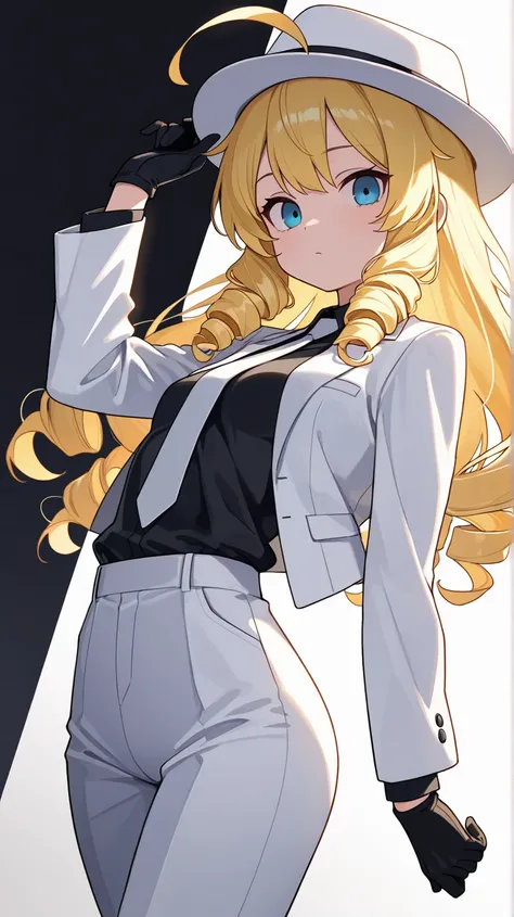 (score_9, score_8_up, score_7_up), ultra-detailed, detailed face, upper body shot, (looking at viewer), 
Solo, a girl, blonde, long hair, drill hair, ahoge, blue eyes, slant eyes, narrow eyes, small breasts, 

white fedora hat, white suit jacket, open jack...