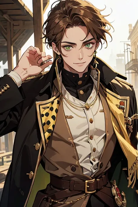  dark yellow-green eyes,  natural brown hair , eyes, adult, to smile, , PIRATE, spots on the face