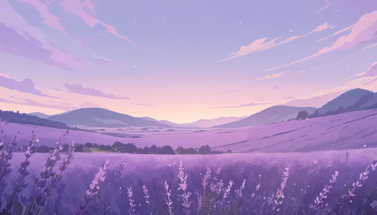 LAVENDER landscape , Pastel Purple Colors ,,Ghibli style ,cute ,Cozy , Landscape Wide Field Ultrawide Purple tone