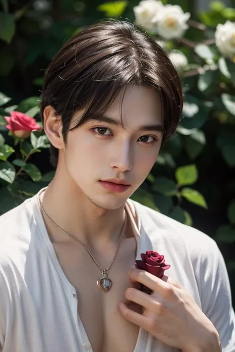 Create a high-definition visual: “A close-up reveals a young man with striking features, holding a delicate purple rose close to his heart. His chest is adorned in a daring, fashion-forward outfit that accentuates his physique. His deep, expressive eyes ra...