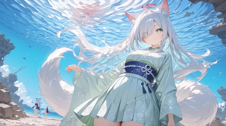  Gray Hair、long hair、hair over one eye、summer、sea、Ruins、Cumulonimbus、 slender、magenta accentcolor、  cute pose、smile、  Cool Personality、  boyish、July、  kimono、 Fox Ears、fox tail、 floating hair、 high school girl、、masterpiece、masterpiece、 pale blue-green eyes...