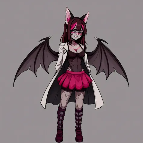 cyberpunk style bat woman, big chest, gray skin, bat ears, bat WINGS on her back, long pink hair, wearing pink shirt, white coat and pink skirt, cyberpunk style city in the background