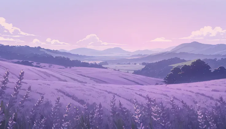 LAVENDER landscape , Pastel Purple Colors ,,Ghibli style ,cute ,Cozy , Landscape Wide Field Ultrawide Purple tone