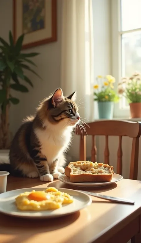 At the dining table、A fluffy, long-haired cat with a big tabby pattern 、I'm eating bread and a fried egg。 table, which has the atmosphere of getting ready to go out in the morning。A small brown tiger kitten is sitting on the table、Drinking milk。Gentle morn...