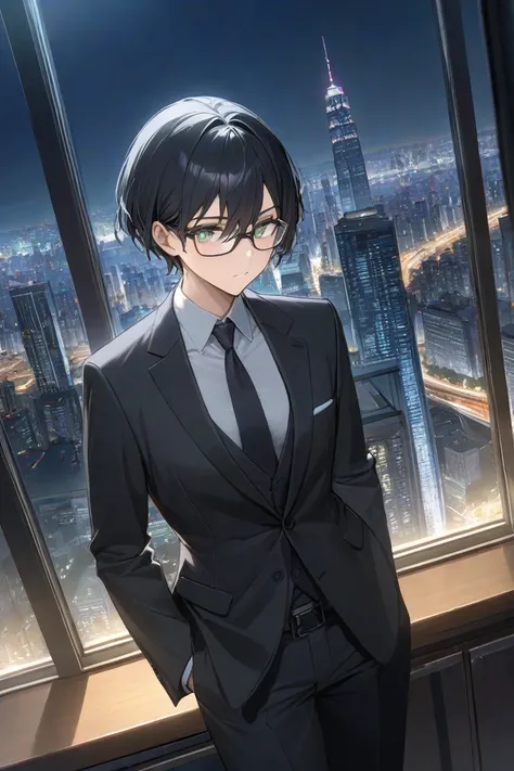  black hair、 black suit、Glasses、 tall、Intellectual atmosphere、Light green eyes、Neutral look 、Short Hair、 night cityscape 、 top quality、 best image quality、 greatest masterpiece in history