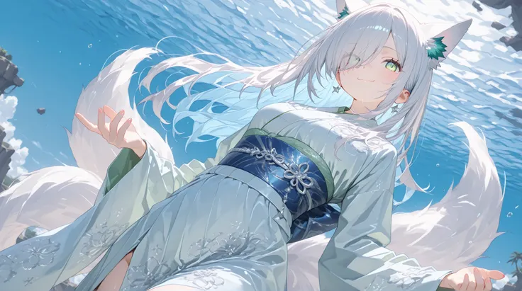  Gray Hair、long hair、hair over one eye、summer、sea、Ruins、Cumulonimbus、 slender、magenta accentcolor、  cute pose、smile、  Cool Personality、  boyish、July、 white and blue kimono、 Fox Ears、fox tail、 floating hair、 high school girl、、masterpiece、masterpiece、 pale b...