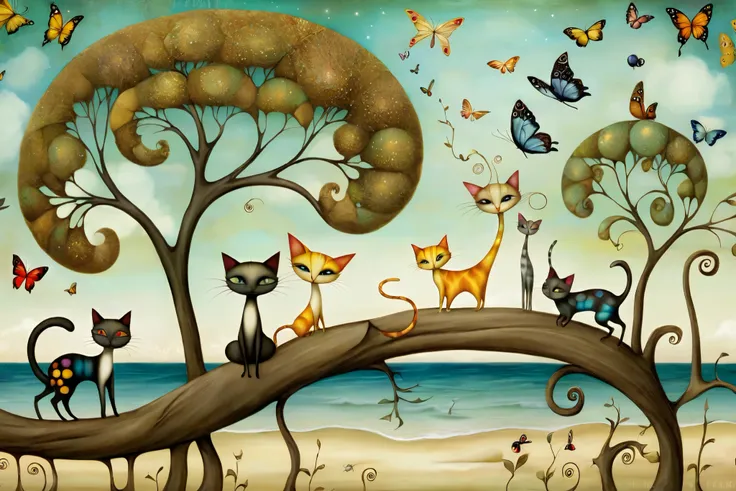 Beautiful patchwork cats with long necks and long tails,  climbing tree branches on fallen trees . Seascape background,  beach, Sand Castle, Butterflies and dragonflies . Warm colors.  style Klimt , Nicoletta Ceccoli, Naoto Hattori,  Lawrence Didier , Leon...